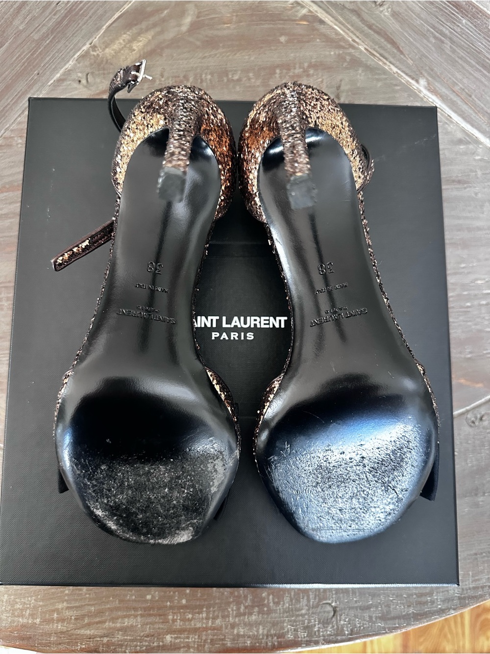 Saint Laurent Black Bow Ankle-Strap Heels with Metallic Trim - Picture 7 of 7